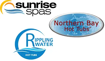 Sunrise Spas, Northern Bay Hot Tubs, and Rippling Water hot tub brand logos