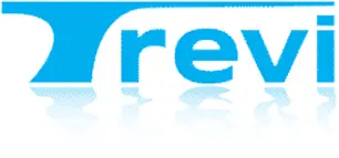Revi pool and spa company logo in blue with reflection effect