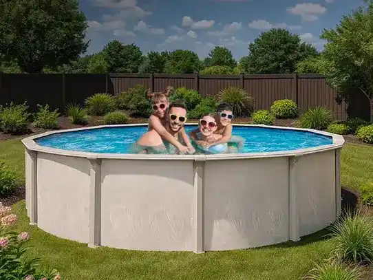 Above-ground swimming pool installed in a backyard with family enjoying the water