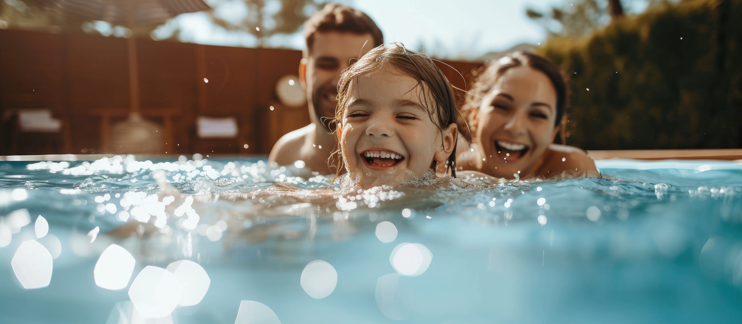 Family enjoying summer fun in a backyard above ground pool