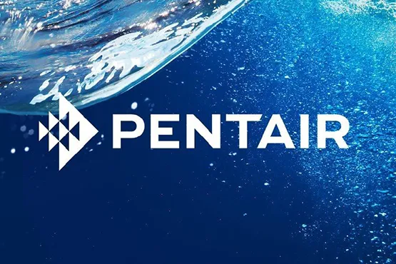 Pentair logo displayed over blue water background for pool and spa products