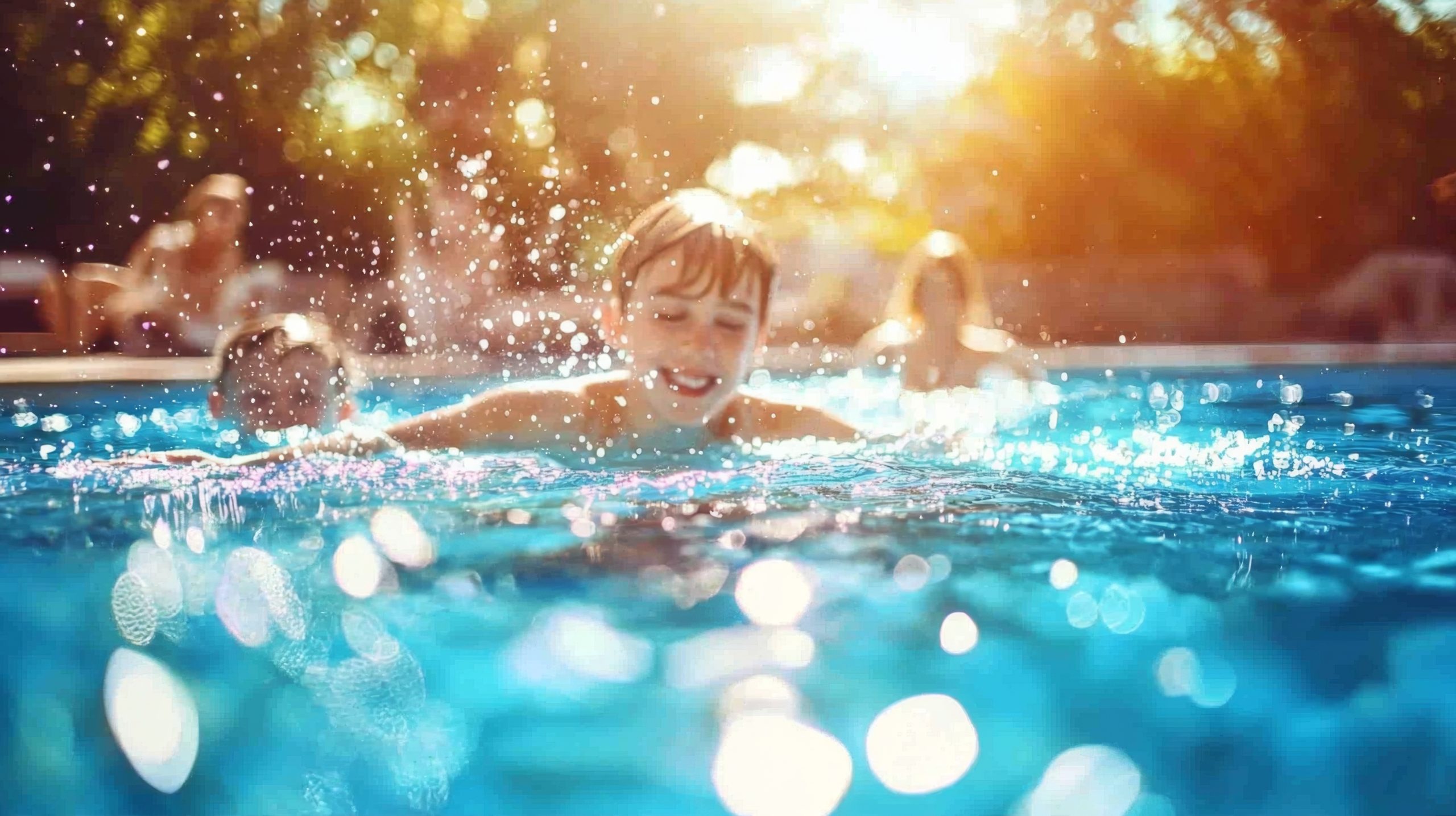 Children playing and splashing in a backyard above ground pool during sunny day