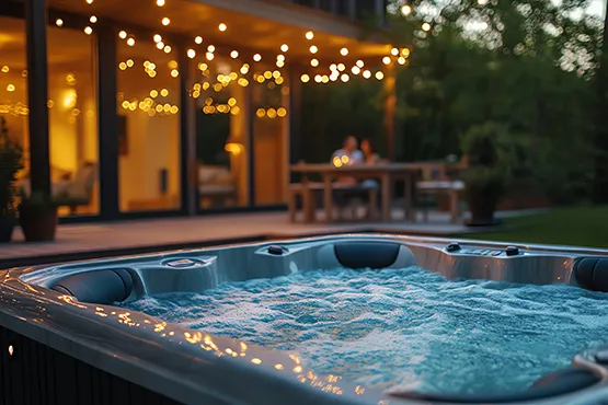 Luxurious hot tub with illuminated jets on elegant backyard patio at dusk