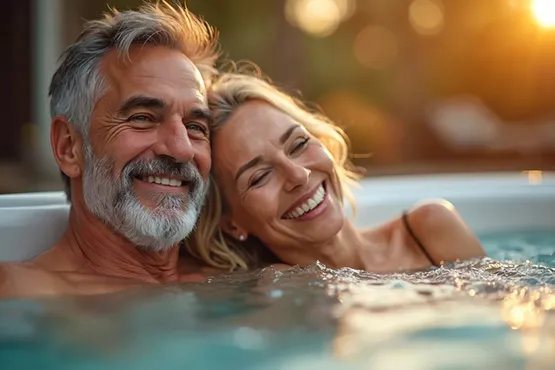 Happy couple relaxing together in a luxurious hot tub at sunset