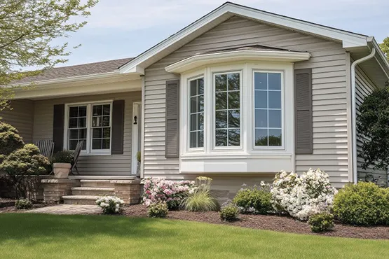 Modern home with large bay windows and landscaped front yard featuring shrubs and grass