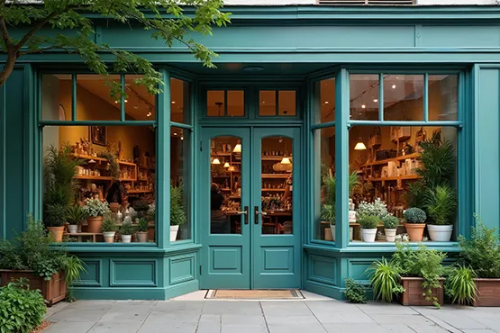 Turquoise storefront with large display windows showcasing home and garden products