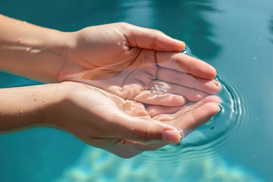 Hands holding crystal clear water from a maintained pool or spa