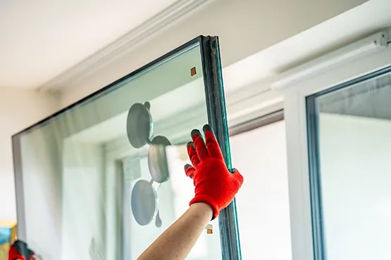 Professional cleaning glass doors with red cloth during pool maintenance service