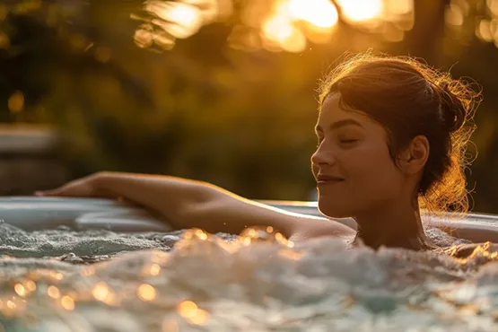 Woman relaxing in a hot tub at sunset enjoying spa installation benefits