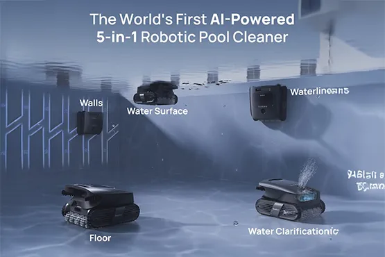 AI-powered robotic pool cleaner with 5-in-1 cleaning functions for pool maintenance