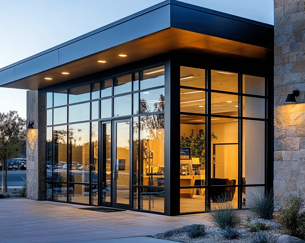 Modern glass installation with black-framed doors and warm interior lighting at dusk