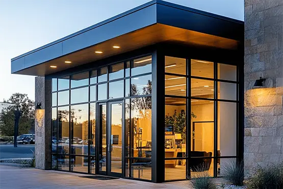 Modern glass installation for commercial storefront with illuminated interior display